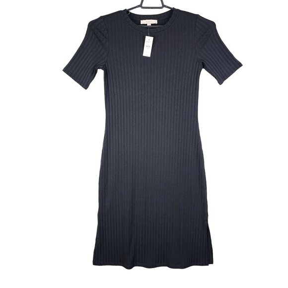 Womens Black Loft Ribbed Dress Midi Short Sleeve Round Neck Size S - Picture 1 of 14